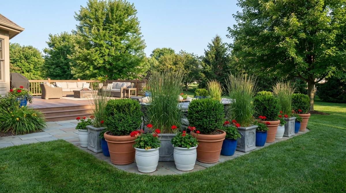 Uniform potted plants in decorative containers used as living boundary markers to define party space without permanent fencing. Features boxwoods, ornamental grasses, or flowering annuals in coordinating colors and materials, enhancing outdoor decor themes with portable and repositionable design.