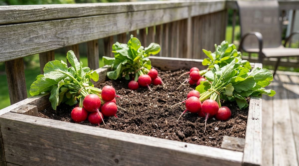 Close-up of fresh radishes growing in a shallow container on a sunny balcony, showing vibrant red roots emerging from loose potting mix with green leafy tops. Perfect illustration for balcony gardening with fast-growing vegetables that mature in 25-30 days.