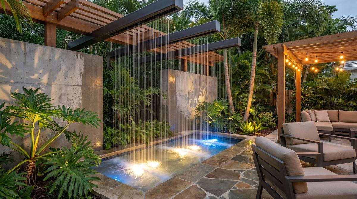 A contemporary rain curtain water wall feature in a tropical garden, with sheets of water cascading from overhead pipes or channels to cool the air and create dramatic visual impact. Installed across pathways or as boundary features, enhanced with underwater lighting for evening entertainment.