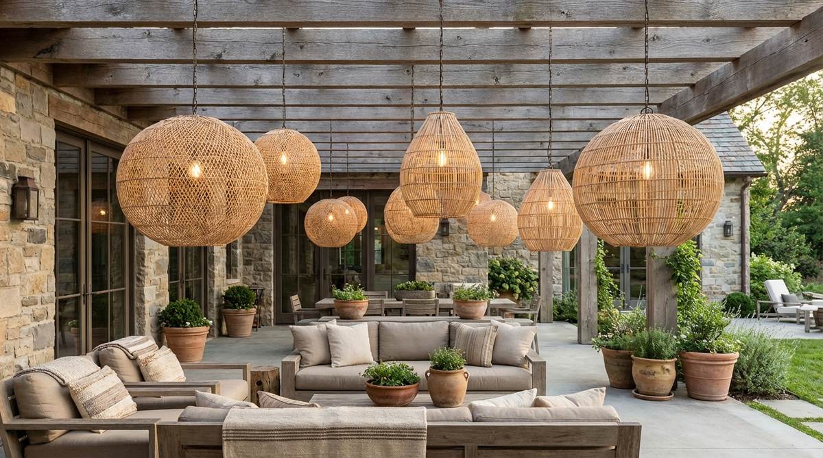 Hand-woven rattan pendant lanterns in oversized proportions, creating a bohemian outdoor atmosphere under covered patios. These natural fiber lanterns feature organic textures that soften hard architectural surfaces, and can be suspended from exposed beam ceilings at varied drop lengths to create layered overhead interest. Their neutral tones coordinate well with diverse textile and pottery palettes for cohesive outdoor decor.
