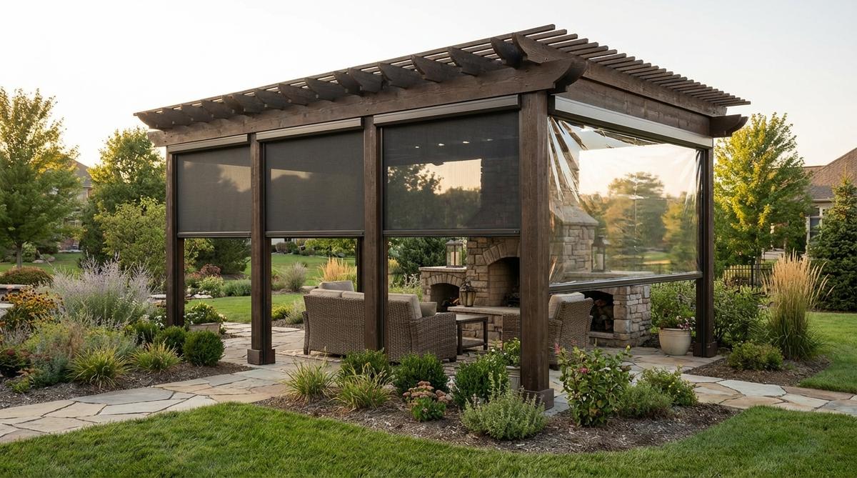 Motorized retractable screens descending from pergola beams to block sun, wind, or insects, with options for solar, insect mesh, and weather-resistant panels, controlled via remote or smartphone.