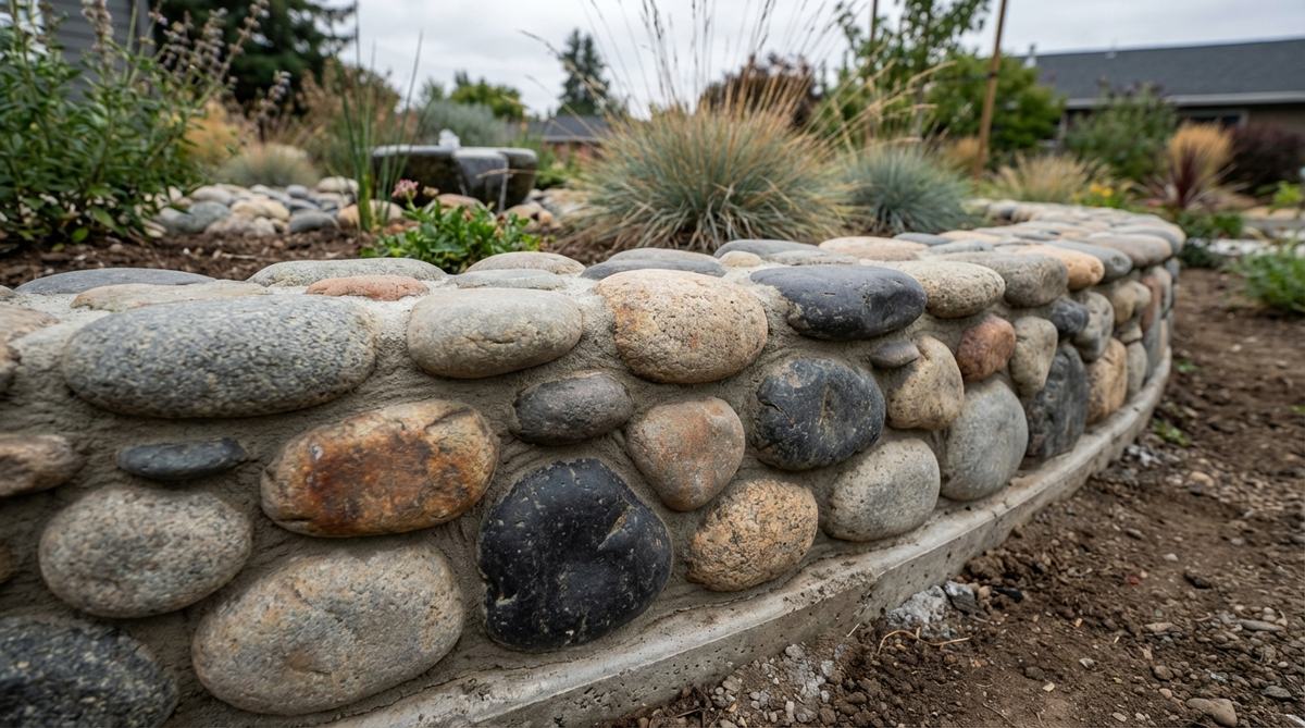 A close-up view of smooth river stones, ranging from 3 to 6 inches in diameter, mortared together to form a textured, organic border. The rounded forms display varied natural colors including gray, tan, rust, and black, creating a naturalistic character ideal for modern garden edging. This artistic installation, set on a concrete footing, showcases creative patterning with clean stone faces and pointed or recessed mortar joints, perfect for water features, Japanese-inspired gardens, or Zen spaces.