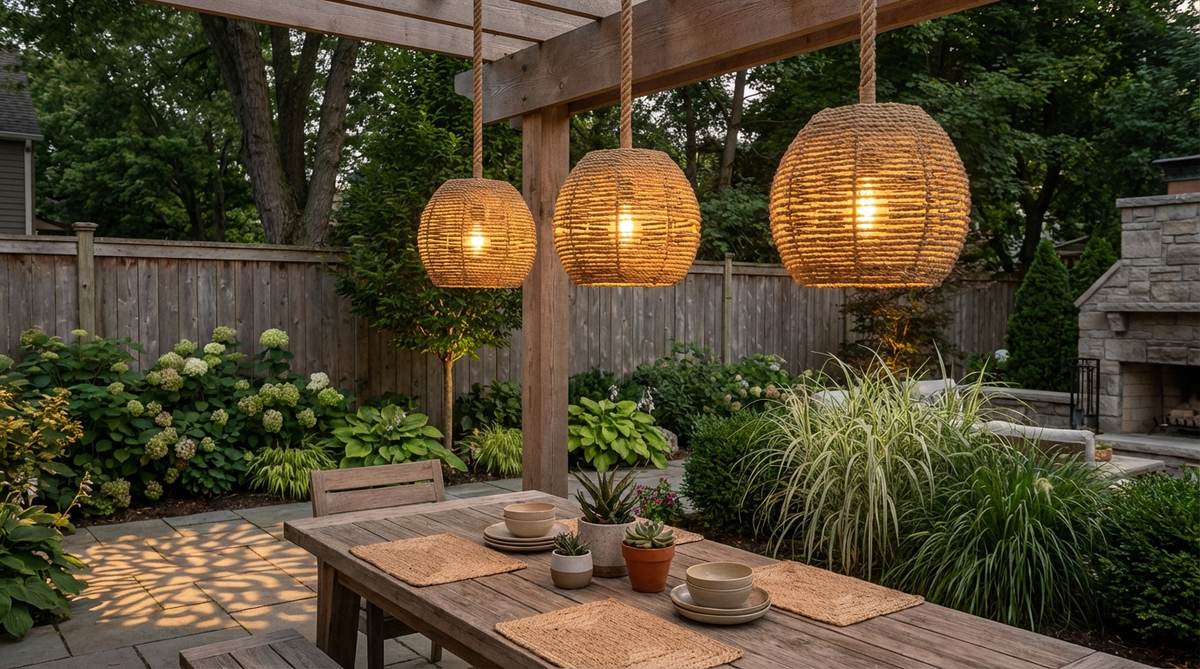 A group of three rope-wrapped pendant lights hanging at varying heights over an outdoor dining table, featuring natural manila rope wrapping that creates textured shadow patterns when illuminated by warm Edison bulbs during a summer evening gathering.