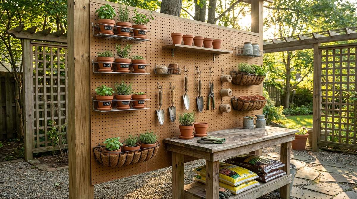 A rotating pegboard wall-mounted grid with mini shelves and hooks, showcasing a configurable arrangement of herb pots and gardening tools in a mini herb garden setup, featuring an organized, workshop-like aesthetic.