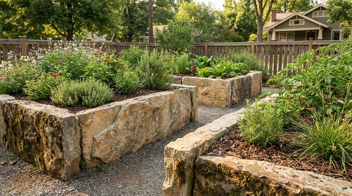 A close-up photo showing rough cut rustic stone finishes for raised bed gardens. The image features minimally processed natural stone with irregular edges and textured surfaces, highlighting the quarry-fresh appearance that creates a casual, informal character perfect for cottage gardens and naturalistic landscapes.