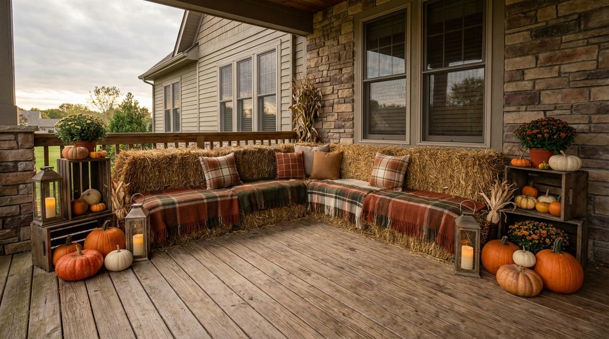 A rustic hay bale seating nook arranged in an L-shape on a porch or patio for Halloween. The bales are covered with sturdy blankets and cushions, surrounded by lanterns, crates, and pumpkins to create a cozy, temporary photo spot. This DIY outdoor decor idea transforms rough hay bales into comfortable furniture with layered textiles and themed props, perfect for Halloween gatherings.