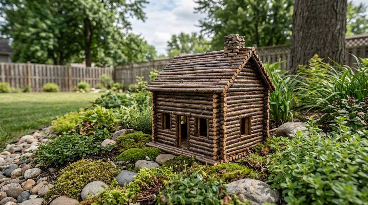 A hand-built miniature log cabin constructed from small twigs and branches using traditional notched-corner techniques, featuring a stone chimney and sealed with clear polyurethane for outdoor durability in a mini garden setting.