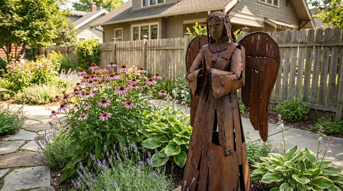 A weathered angel crafted from rusted iron or recycled metal, showcasing spiritual symbolism in a vintage garden setting. The oxidized surface and imperfect construction highlight handcrafted authenticity, perfect for perennial borders or as a guardian near garden entries. The rust finish deepens over time, requiring no maintenance while adding character.