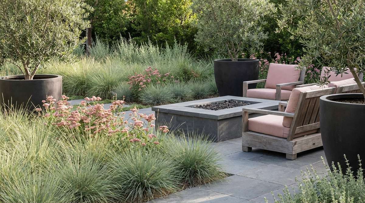 A contemporary earthy color palette featuring soft sage green, charcoal gray, and dusty blush pink. This combination balances botanical freshness with urban sophistication, creating a warm and inviting modern aesthetic suitable for living rooms and bedrooms.