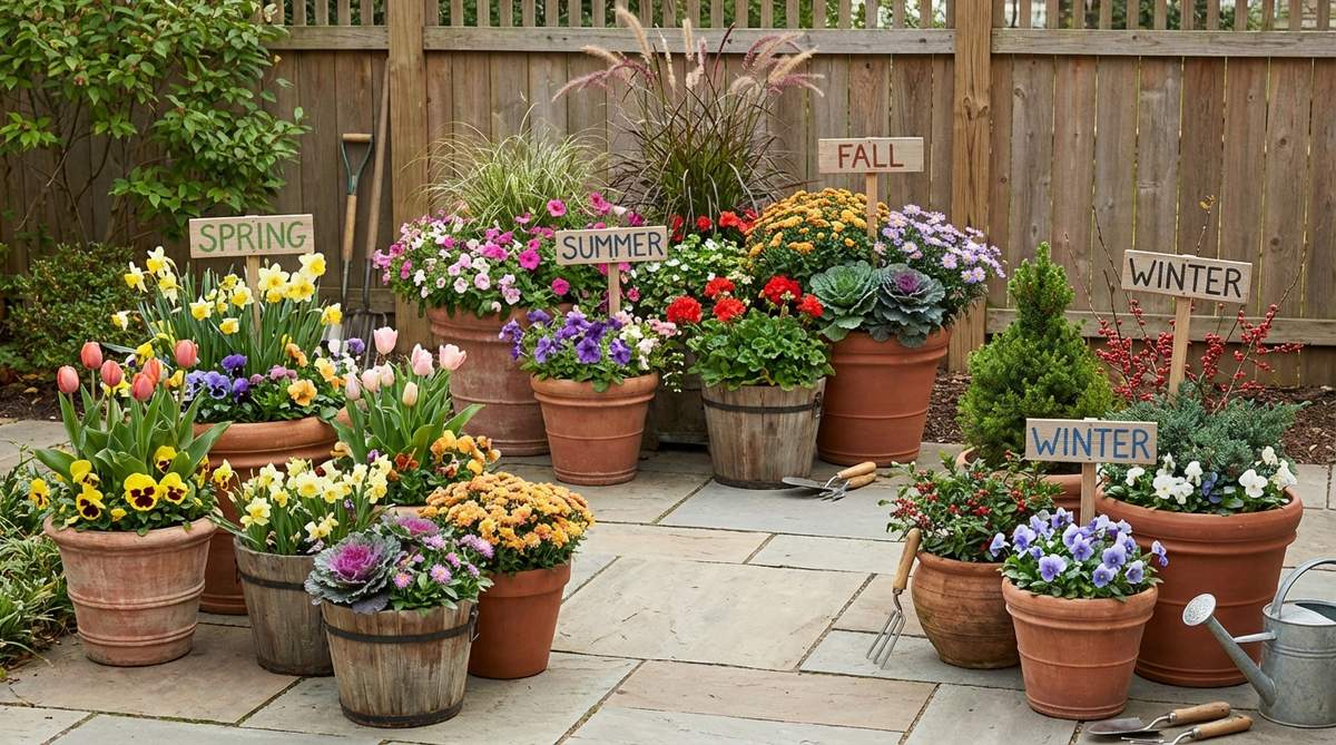 Illustration showing a small garden with four separate container collections labeled for spring, summer, fall, and winter displays, demonstrating how to rotate containers seasonally to maintain year-round freshness and optimal plant performance.