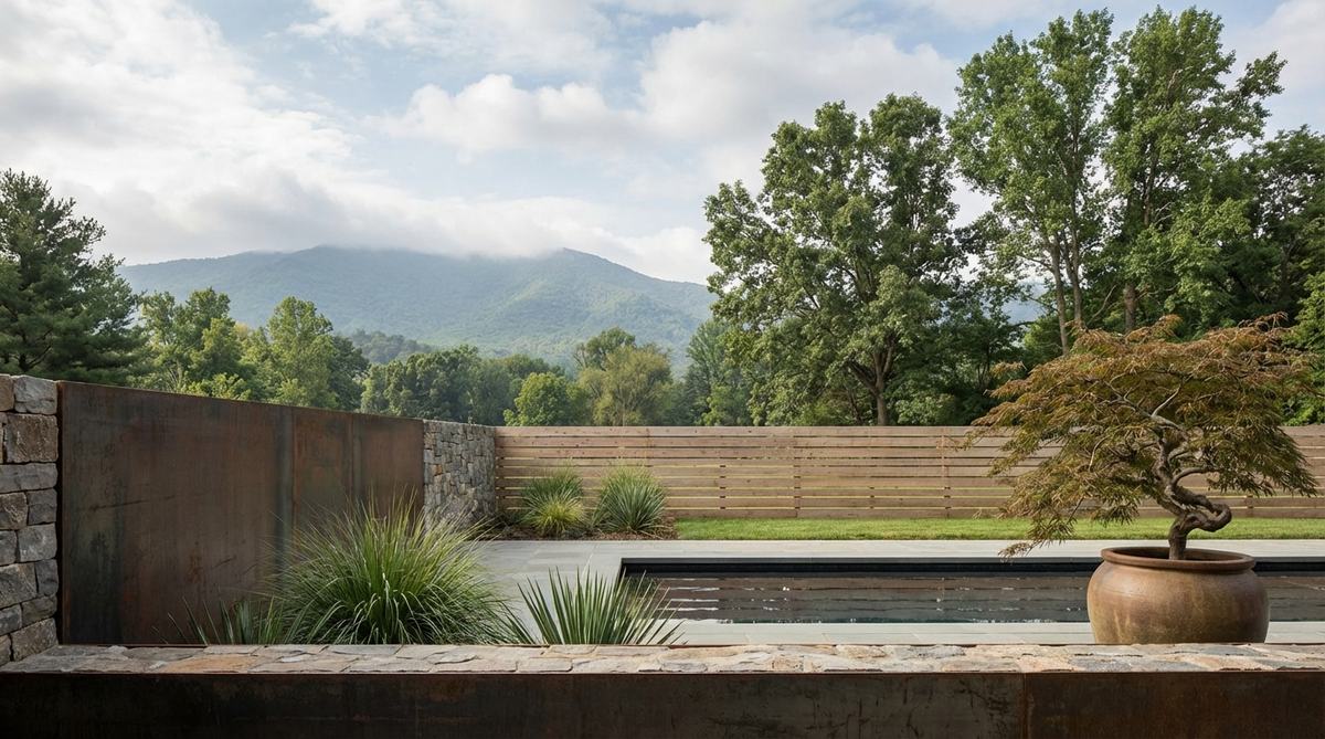 A minimalist garden showcasing the Japanese technique of shakkei (borrowed scenery), where distant landscape elements like mountains or trees are framed as part of the garden composition to create an illusion of expanded space. The design features clean sightlines with minimal foreground plants, highlighting how this approach enhances perceived depth and tranquility in garden aesthetics.