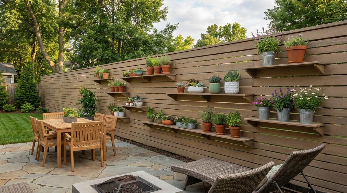 A contemporary garden fence featuring horizontal slats with integrated projecting shelves displaying potted plants in staggered heights, creating a vertical garden display that breaks up the solid fence plane.