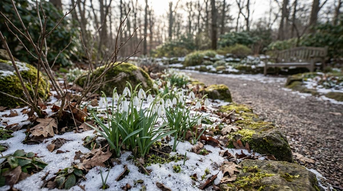 A close-up image of a snowdrop flower, showing its nodding white bell-shaped blooms emerging through snow or frozen ground in a shaded garden setting. This early spring bulb, Galanthus, is a perennial that naturalizes easily, ideal for small gardens.