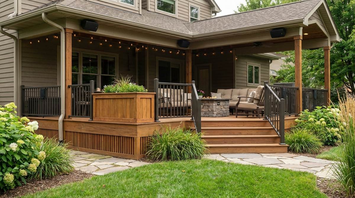 A professional setup of weather-resistant speakers integrated into deck soffits and railings, with hidden subwoofers in skirting, providing even ambient audio coverage for outdoor entertaining and quiet evenings.