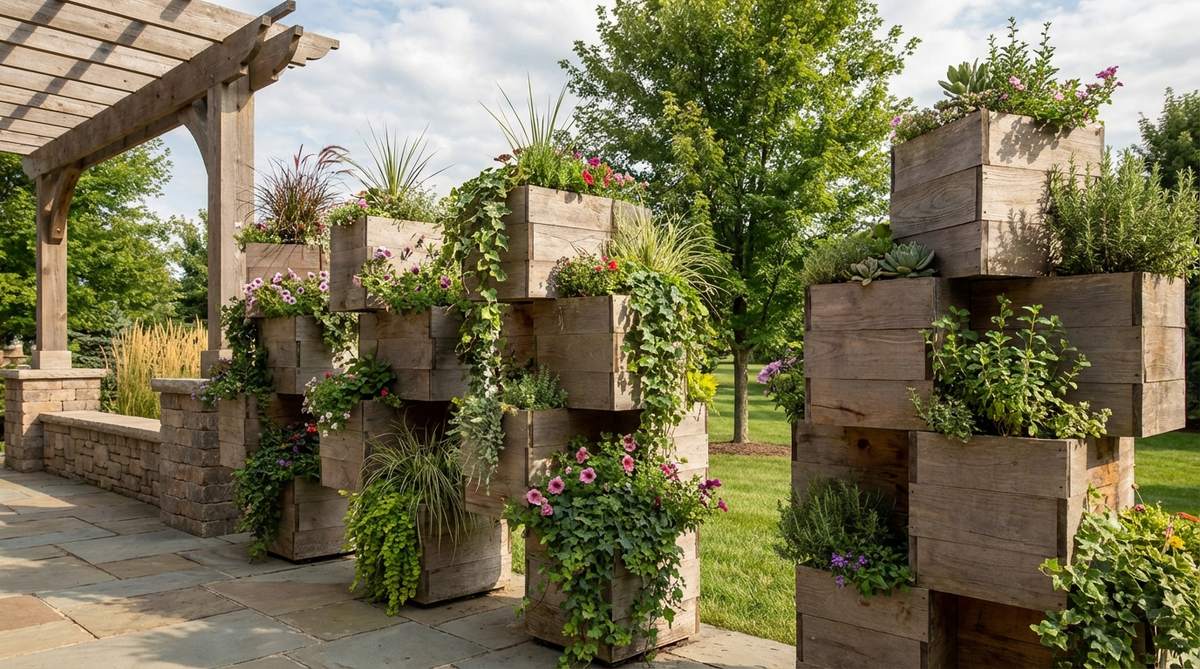 A vertical arrangement of interlocking cube planters stacked to form columns 4-6 feet tall. Each 12-inch cube contains independent plantings, creating textural variation with different plant types at various heights. The modular design allows for easy reconfiguration to suit evolving outdoor decor needs.