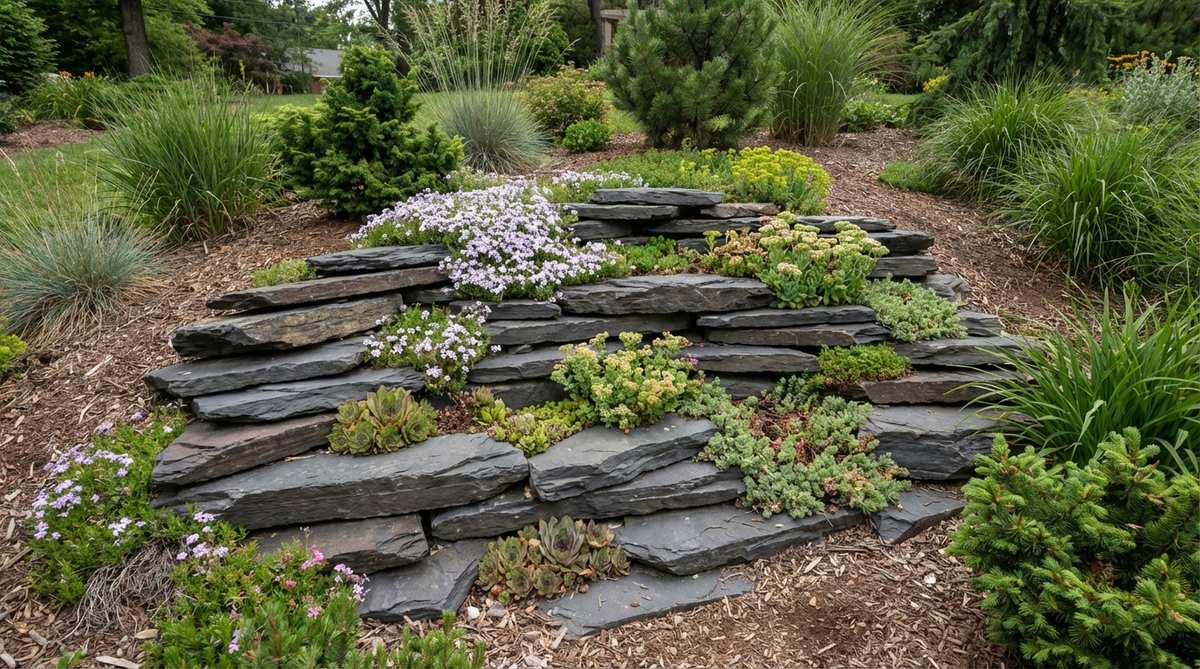 A stacked slate outcropping in garden design, featuring flat slate pieces arranged horizontally to mimic natural sedimentary rock layers. This rock formation is ideal for planting alpines and succulents in the crevices, providing excellent drainage and varied sun exposure for a natural, erosion-inspired appearance.