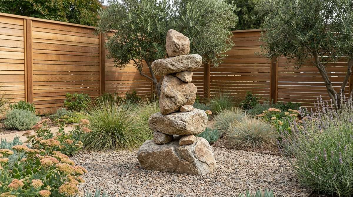 A balanced rock tower made of limestone or granite, creating a zen and minimalist sculpture in a contemporary garden setting. It features precarious stacking that evokes natural geological formations, installed on a gravel bed or amid drought-tolerant plants, ideal for small urban spaces.