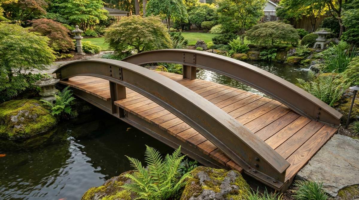 A Japanese garden bridge featuring a powder-coated steel frame in earth tones supporting wooden decking, combining industrial strength with natural warmth. The hybrid design uses steel I-beams or tube sections in arched or flat profiles topped with hardwood decking like teak, ipe, or thermally modified ash, allowing for longer spans and lighter profiles than all-wood construction.
