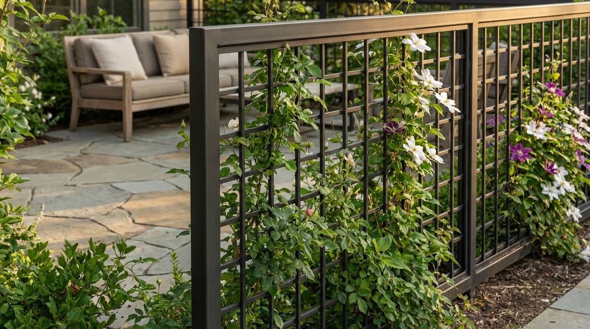 A modern steel trellis fence panel with open lattice design, perfect for creating privacy screens in contemporary gardens. The powder-coated dark finish provides durability while allowing climbing plants to grow through the structure, combining metal framework with natural greenery for both immediate screening and long-term garden enhancement.