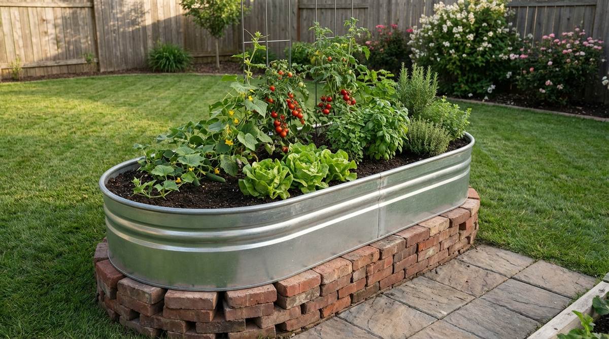 A galvanized stock tank repurposed as a raised garden bed, filled with soil and growing lettuce, tomatoes, cucumbers, and herbs. The tank is elevated on bricks for drainage and air circulation, showcasing a rustic and practical small backyard gardening solution.