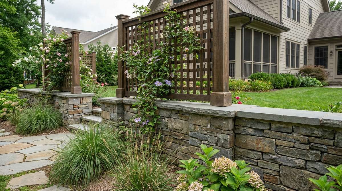 A garden wall featuring a two-foot stone base supporting wood lattice panels for privacy screening. The stone foundation provides stability while the lattice allows air circulation and filtered views. The design includes bluestone caps with lattice post brackets, suitable for complementing home trim colors and reducing wind loads compared to solid fences.