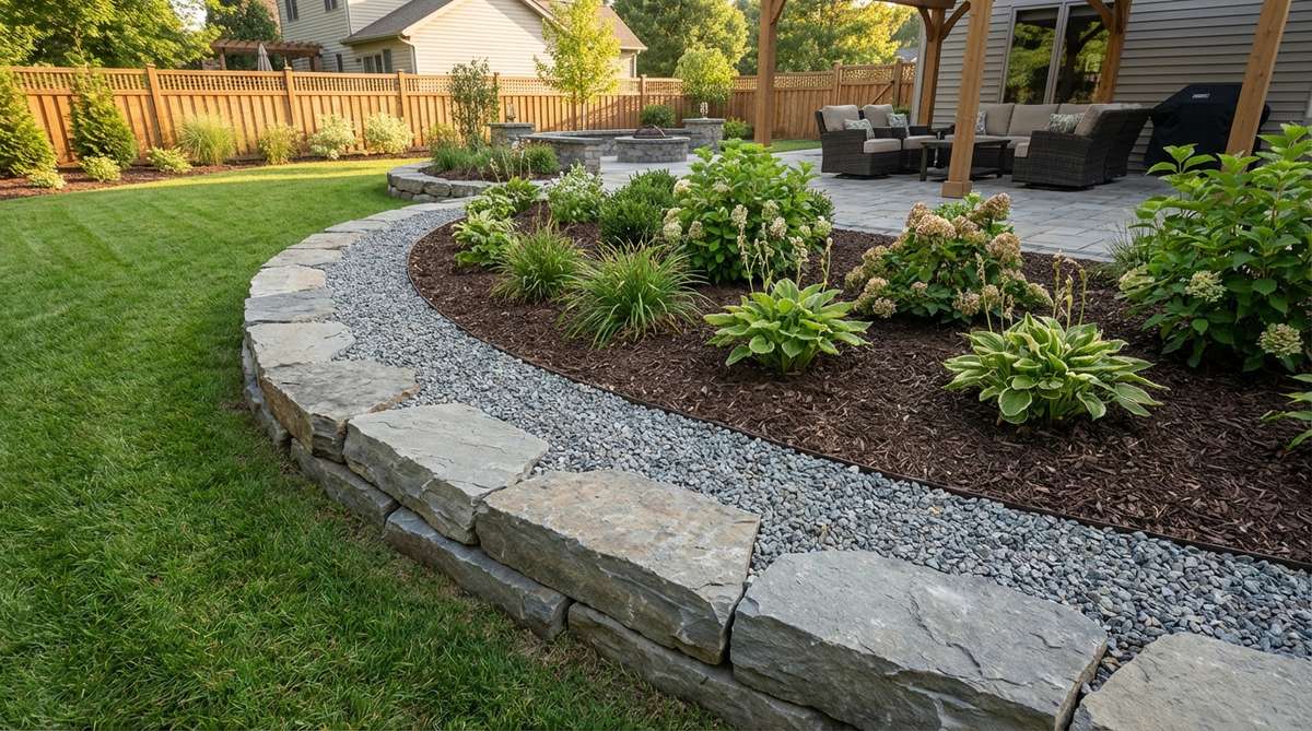 A garden edging design featuring large stones forming the primary edge with pea gravel filling a 6-inch band behind them. The gravel provides drainage and creates a neutral backdrop that highlights the texture of the stones, with complementary tones like gray gravel paired with bluestone or tan gravel with sandstone for visual contrast.