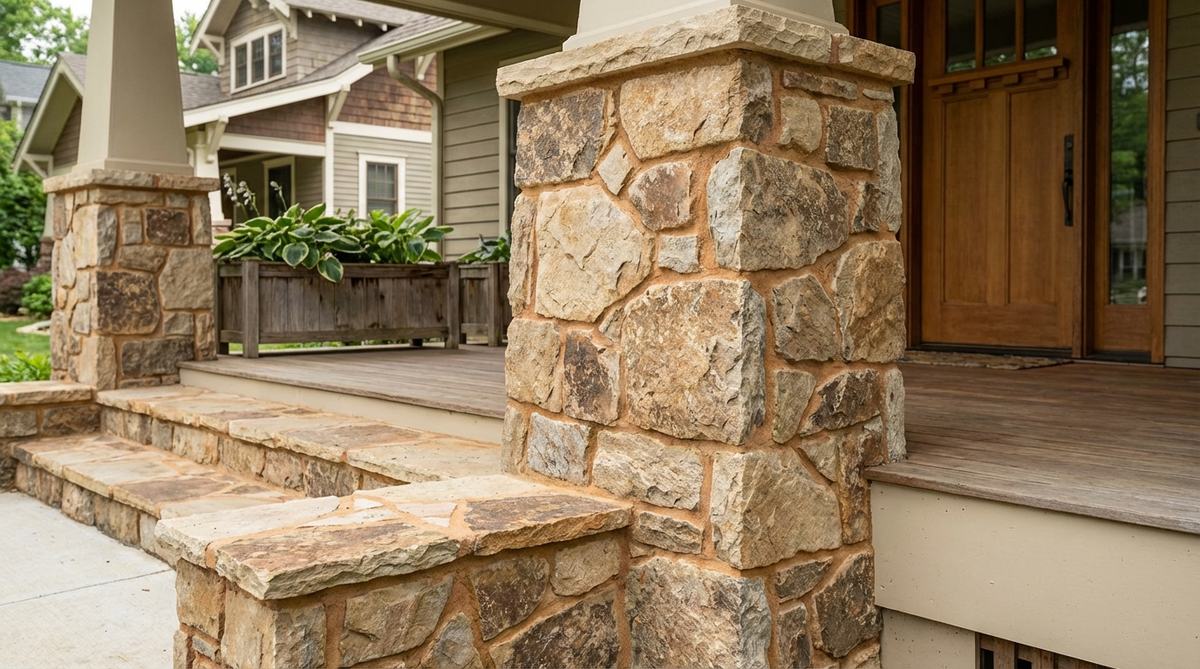 A close-up image showcasing natural stone or brick cladding on porch walls, steps, or columns, highlighting textural richness and installation with earth-tone mortars for seamless blending.