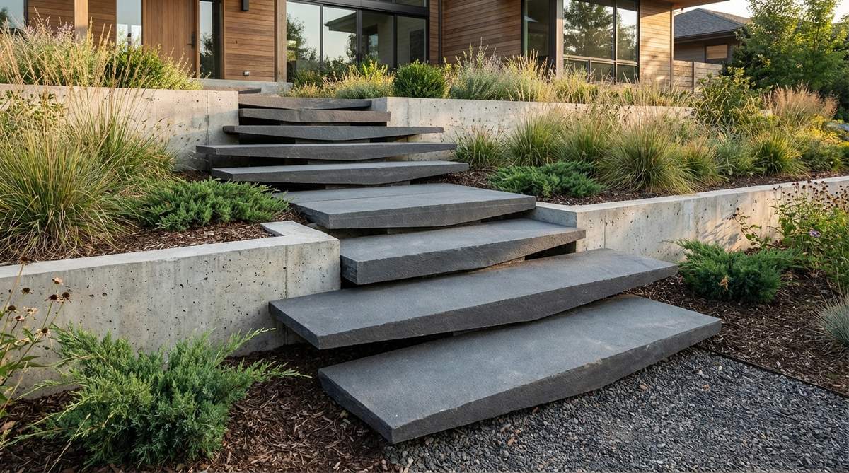 A contemporary garden path featuring thick stone slabs cut in wedge profiles, creating sculptural steps with clean horizontal lines. The wedge-cut stones cantilever from retaining walls, appearing to float with dramatic minimalist aesthetics that complement modern architecture.