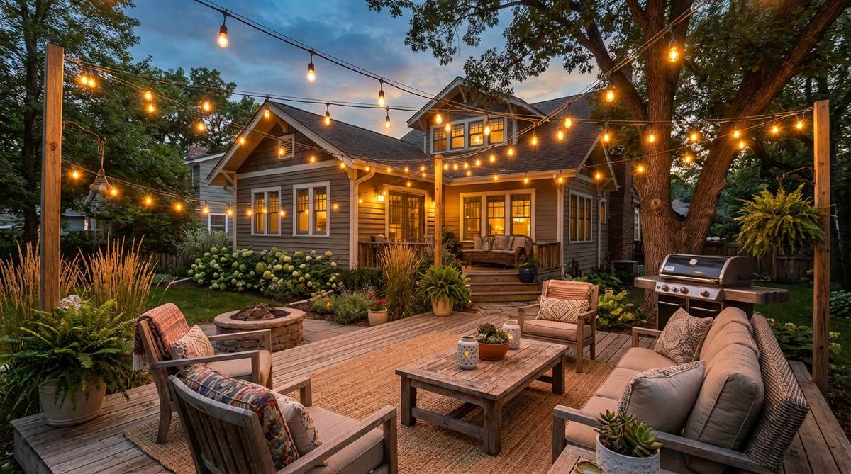 A boho-inspired outdoor space with multiple strands of Edison bulb string lights criss-crossed overhead to create a glowing canopy above a patio or deck. The warm lights create essential evening atmosphere with adjustable dimmers for ambiance. The installation uses permanent hooks or eye screws at corners and midpoints, with eight to twelve light strands arranged in parallel or web patterns, transforming the area into an enchanted evening destination without expensive hardwired fixtures.