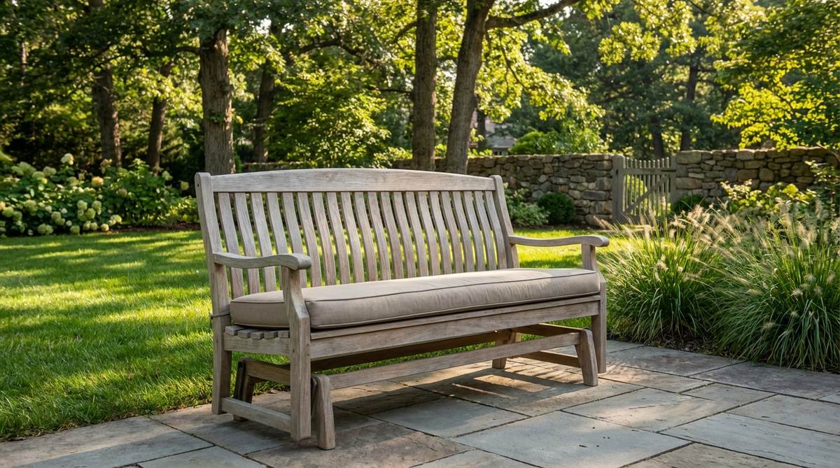 A high-quality teak wood glider bench with smooth back-and-forth motion, featuring ergonomic contouring and durable construction suitable for outdoor relaxation in gardens or patios.