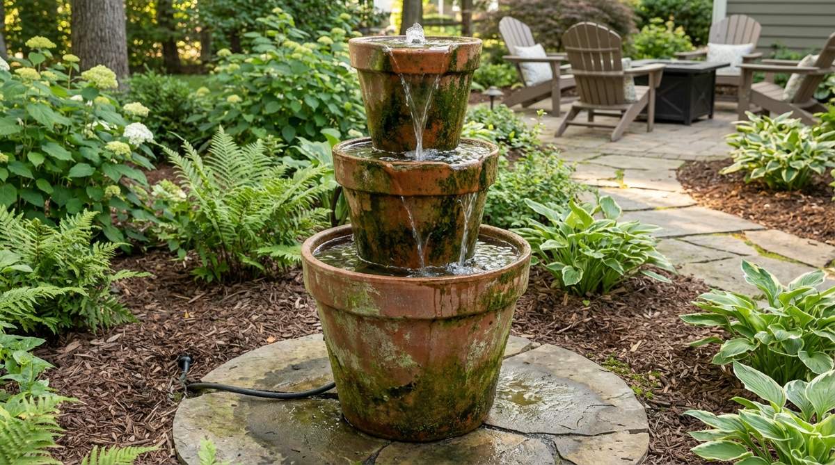 A DIY small garden fountain created by stacking three graduated terra cotta pots vertically, with water cascading between levels. The porous clay shows natural moss and algae growth, giving it an aged aesthetic. A submersible pump at the base circulates water through hidden PVC tubing, making it a budget-friendly garden water feature.