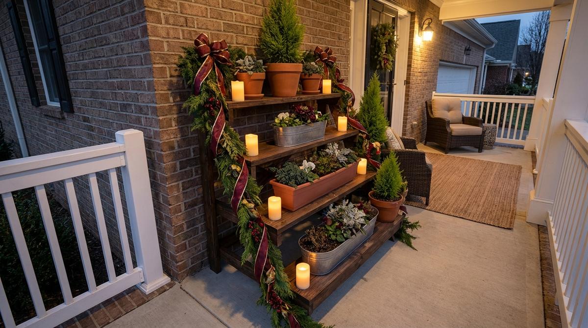 A multi-level plant stand featuring progressively smaller containers arranged on ascending tiers, wrapped with evergreen garland and ribbon spirals, with LED candles illuminating each tier for evening display. Positioned in a porch corner to maximize vertical space in limited floor areas.