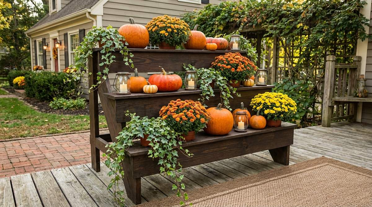 A tiered metal or wooden planter stand showcasing pumpkins at multiple elevations, surrounded by potted mums, trailing vines, and small lanterns, ideal for maximizing fall decor impact on small porches or balconies.