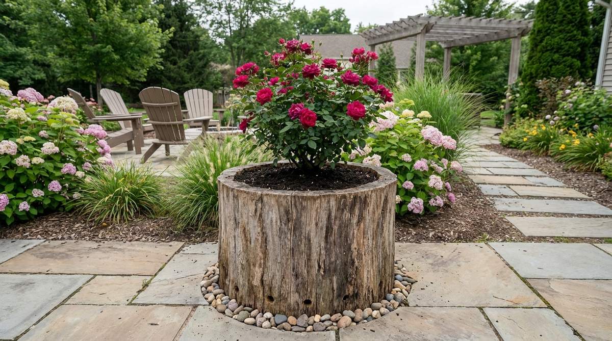 A hollowed tree stump converted into an organic rose planter in a garden setting, showing excellent drainage for rose health with quality soil and a planted shrub or short climber.