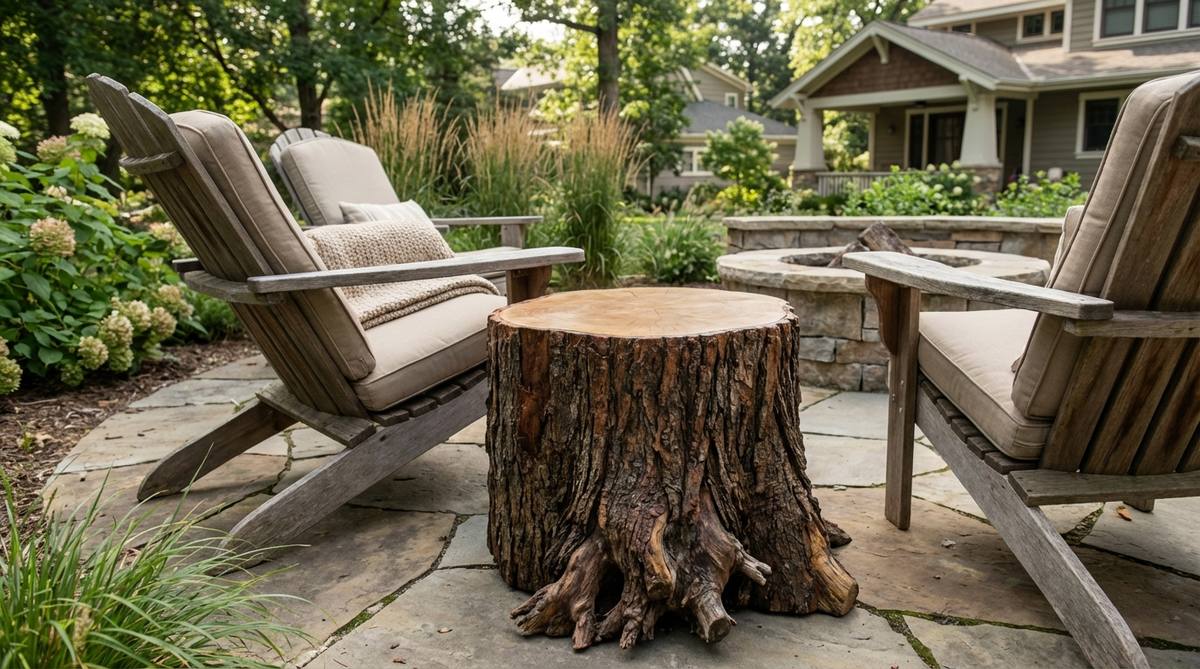 A natural tree stump side table with a flat-cut top, showcasing preserved bark and root structures. This rustic outdoor decor piece serves as an occasional table beside seating areas, requiring no construction and celebrating organic forms. Clear sealer applied to the top surface prevents checking and splitting while maintaining the natural character.