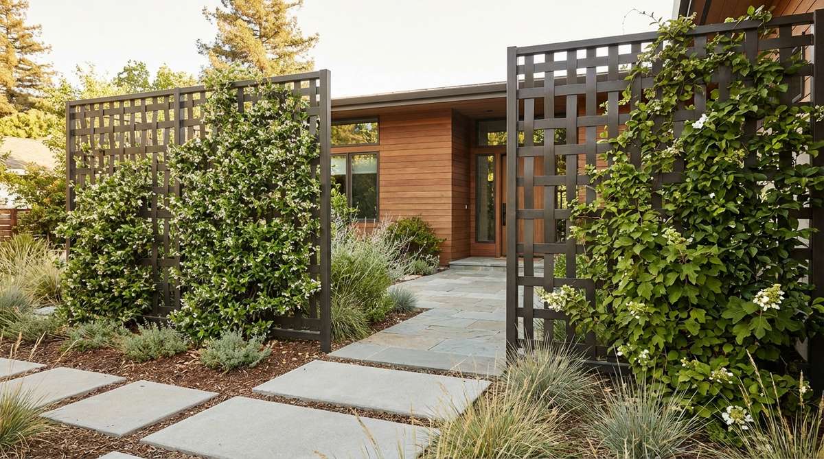 A modern front yard garden featuring steel or wood trellis panels flanking an entry path, with climbing vines such as star jasmine, climbing hydrangea, or evergreen clematis providing vertical greenery and year-round coverage. The geometric trellis patterns reinforce a contemporary design, offering privacy and shade while maximizing space in areas with limited ground-level planting.