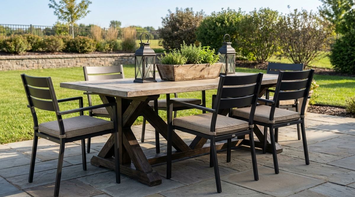 A contemporary garden table featuring a simple trestle base with a lightly distressed wood or composite top, paired with clean-lined chairs. This farmhouse-modern design bridges traditional and contemporary styles, perfect for transitional American backyards. The durable surface withstands kids, crafts, and casual entertaining, complemented by simple décor like a trough planter or lanterns.