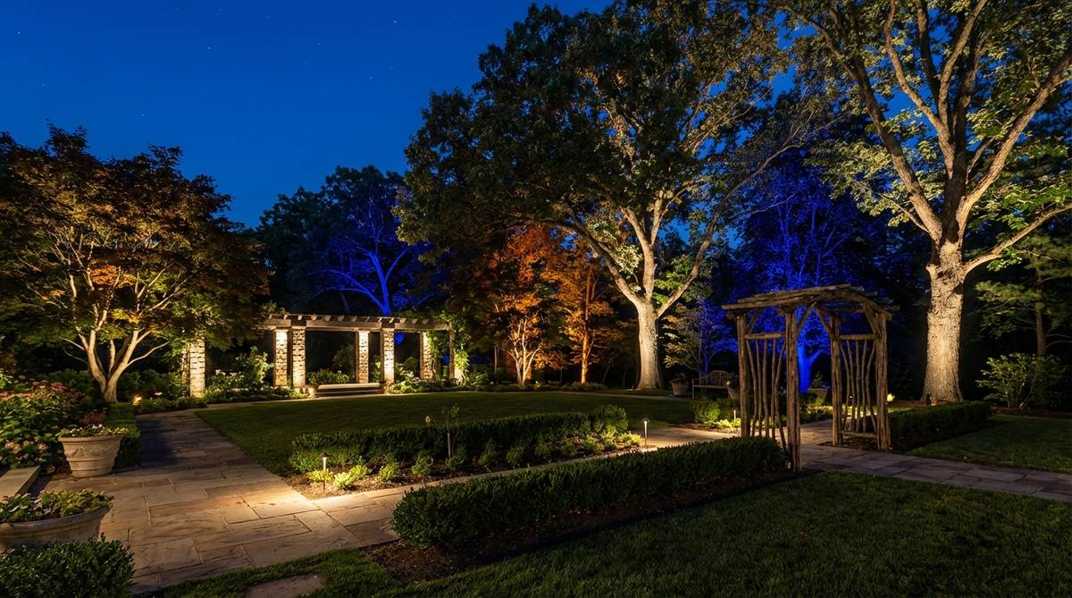 Ground-mounted LED uplights illuminating mature trees and architectural features at a wedding, creating a dramatic backdrop with customizable colors for nighttime photography.