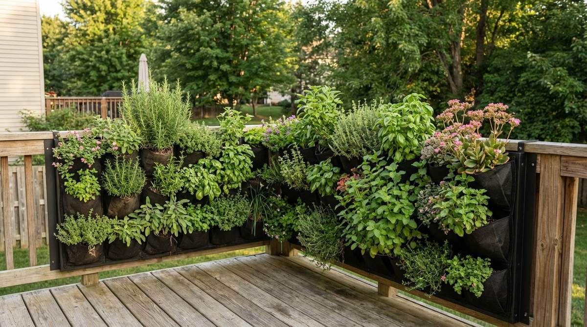 A modular vertical garden system installed on the edge of a deck, featuring pocket planters with herbs and succulents arranged in a dense living wall that provides screening and sound absorption.