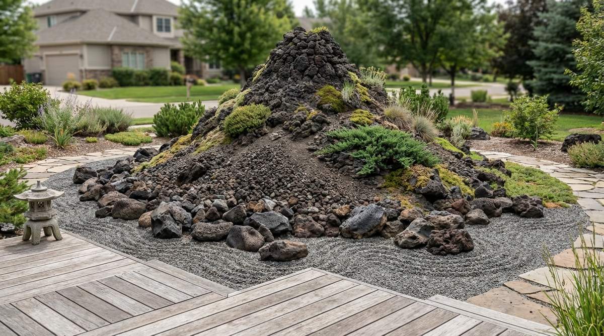 A steep-sided conical mound representing a volcanic peak in a Japanese Zen garden, with dark lava-like stones at the base suggesting past eruptions. The dramatic form makes a bold statement, with sparse vegetation on the upper slopes indicating harsh growing conditions. This design demonstrates karesansui's narrative flexibility, translating specific geological features effectively into garden form.