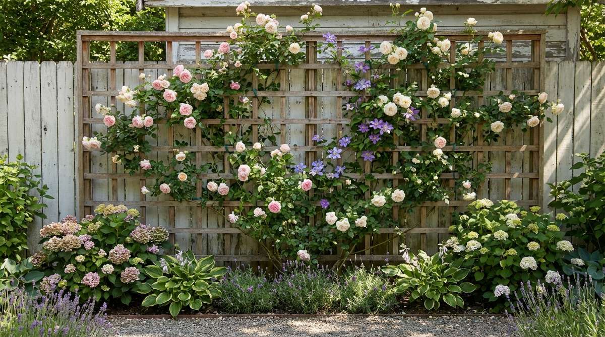 A wooden lattice trellis grid mounted on a cottage garden fence or wall, supporting climbing roses and clematis with flexible plant ties. The grid pattern creates vertical planting space while concealing structures.