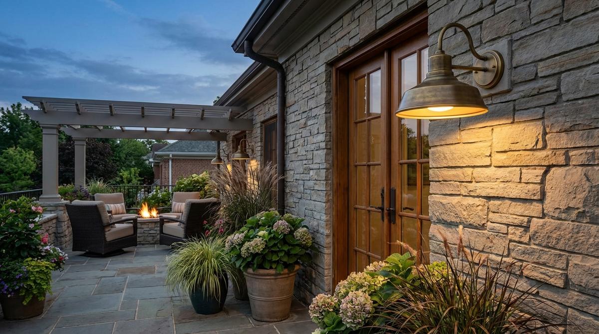 A decorative wall sconce mounted on a vertical surface, providing ambient illumination without consuming floor space in a terrace garden. The fixture is positioned to flank a doorway, with a downward-facing design to minimize light trespass. It matches architectural themes and integrates smart switches for remote control, establishing vertical interest after dark.