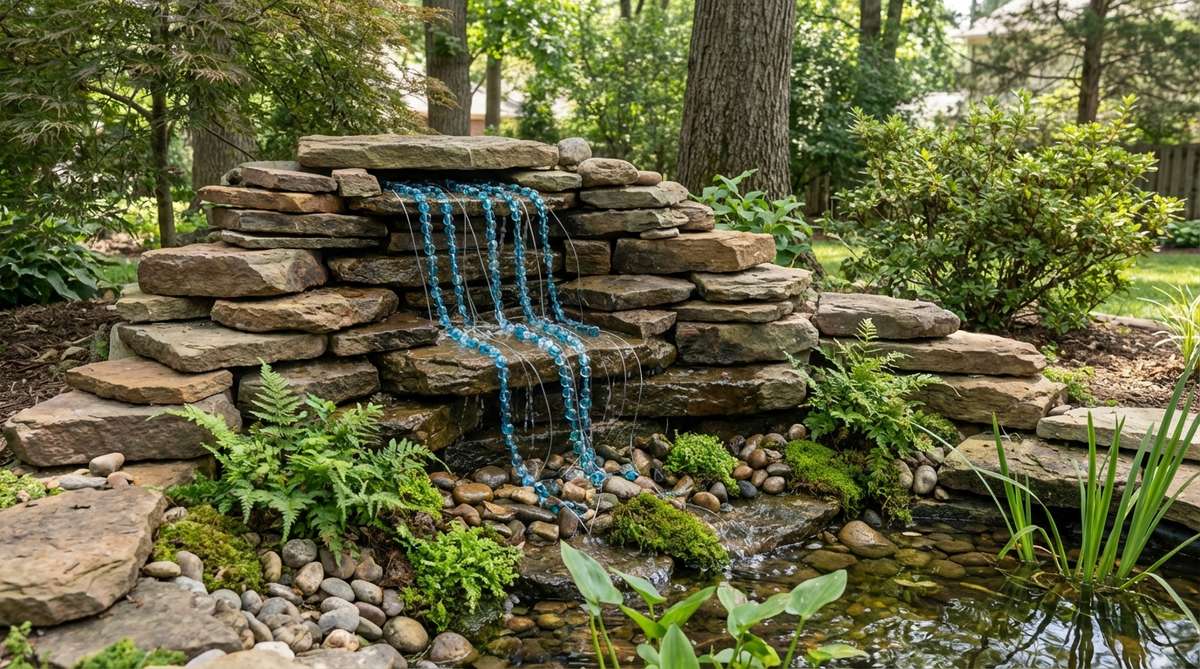 A miniature garden waterfall rock formation created by stacking flat stones in graduated layers with blue glass beads or fishing line representing falling water. Small ferns and moss surround the base, positioned to feed into a pond or stream feature, adding dramatic height and visual movement to the garden design.