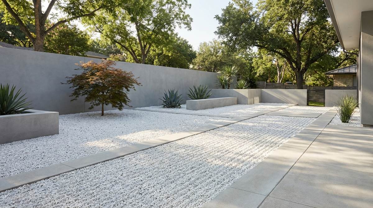 A minimalist modern zen garden featuring white crushed marble gravel raked into linear patterns alongside gray concrete elements. The high-contrast achromatic palette creates graphic definition between ground plane and architectural features, with concrete mowing strips preventing color mixing. This design maximizes visual clarity and reinforces modern minimalism while reflecting light to brighten shaded areas naturally.