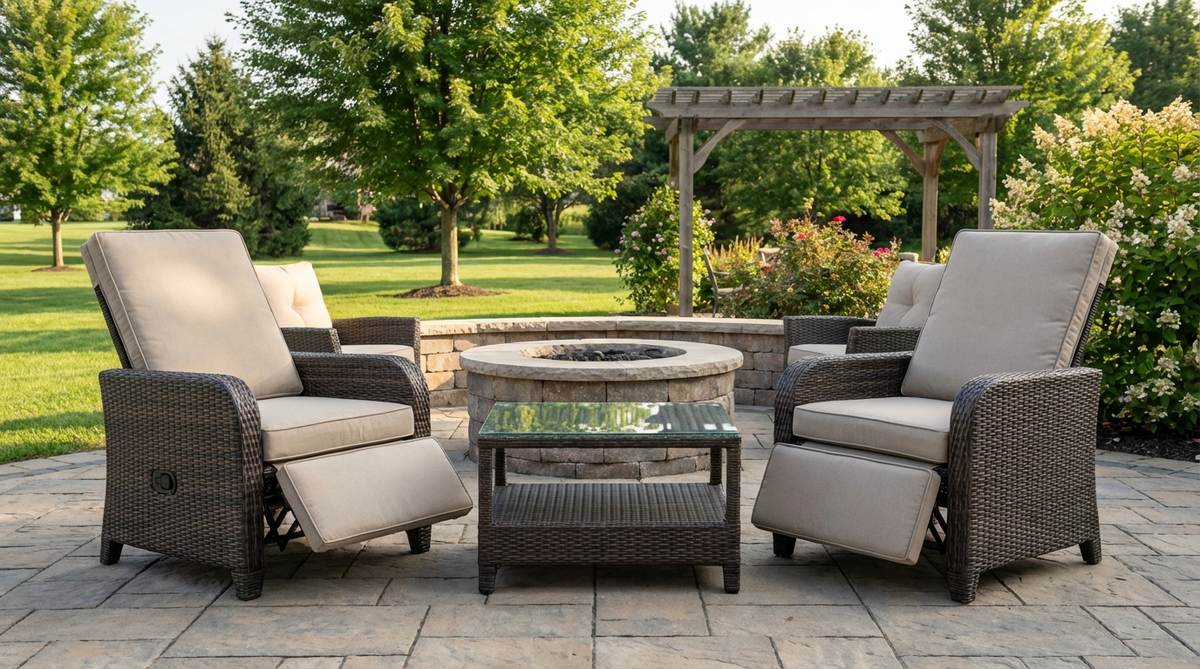 A modern wicker conversation set featuring adjustable reclining backs, synthetic wicker weave, glass-topped coffee table, durable cushions, UV-resistant resin, and raised legs for easy cleaning.