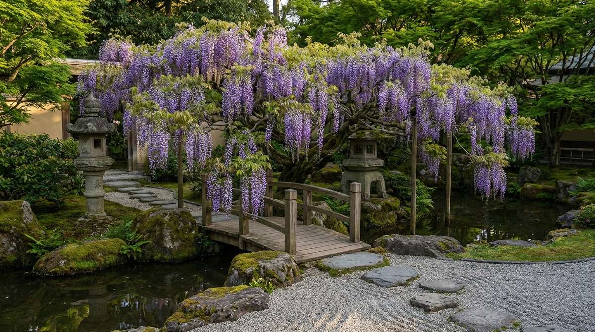 Wisteria floribunda bonsai with cascading purple flower clusters trained over traditional Japanese garden elements. The dramatic floral display during peak bloom creates both visual impact and fragrant sensory experience, characteristic of authentic Japanese garden design.