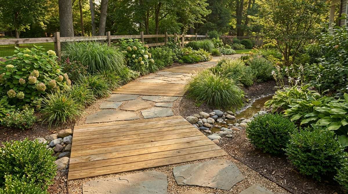 A garden pathway featuring alternating wooden deck boards and stone pavers, creating textural rhythm and material contrast with warm wood tones complementing cool stone surfaces. This hybrid design uses pressure-treated lumber or rot-resistant cedar for 6-foot sections between stone landings, ideal for transitional spaces and defining different zones along the pathway while navigating grade changes and directing drainage.
