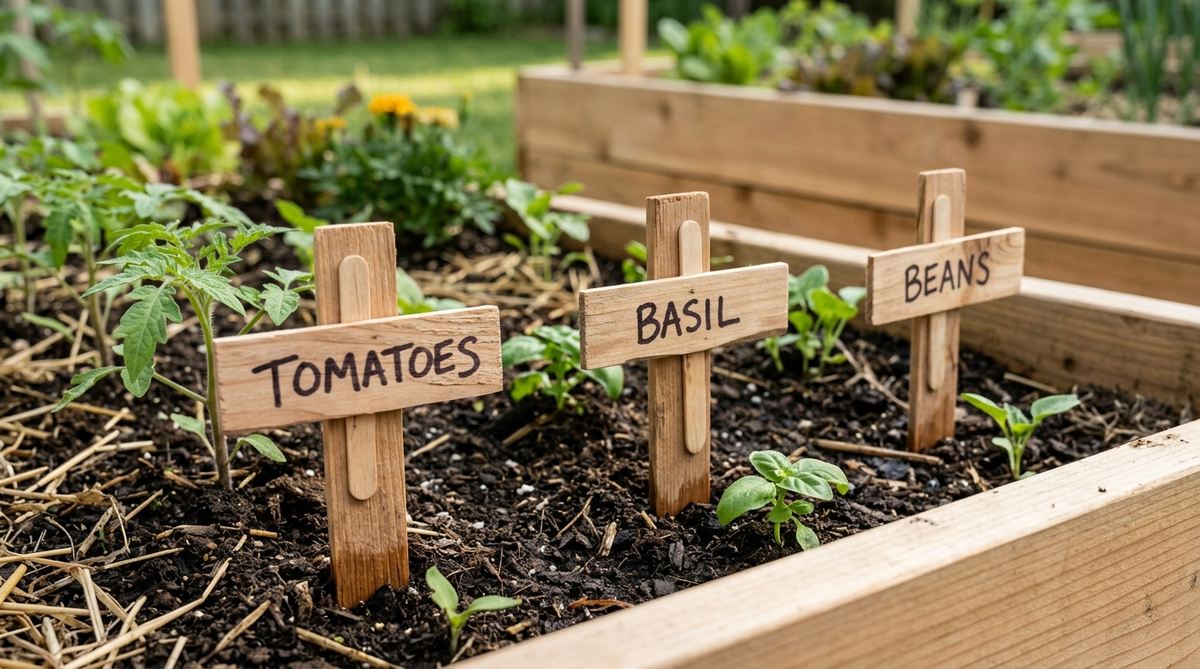 A close-up image of handmade wooden plant markers, crafted from cedar shims or popsicle sticks, with plant names written using permanent markers or wood-burning tools. The natural wood material blends seamlessly with garden decor, providing durable and biodegradable labeling for seed-starting, vegetable gardens, or ornamental displays. Ideal for DIY projects, these markers engage children in gardening and last multiple seasons.