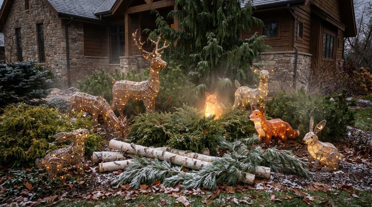 Deer, fox, and rabbit figures arranged in naturalistic groupings among foundation plantings, creating enchanted forest vignettes for outdoor Christmas decor. The scene shows dimensional layering with creatures positioned at varying depths, with some lighted versions glowing softly through foliage for an ethereal evening presence.