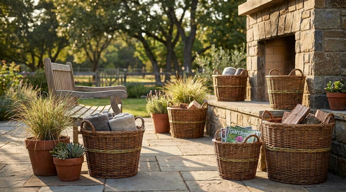 Handcrafted willow and sweetgrass woven baskets used for storage in western boho decor, showcasing organic shapes and natural weave patterns to organize clutter with throws, magazines, or firewood.